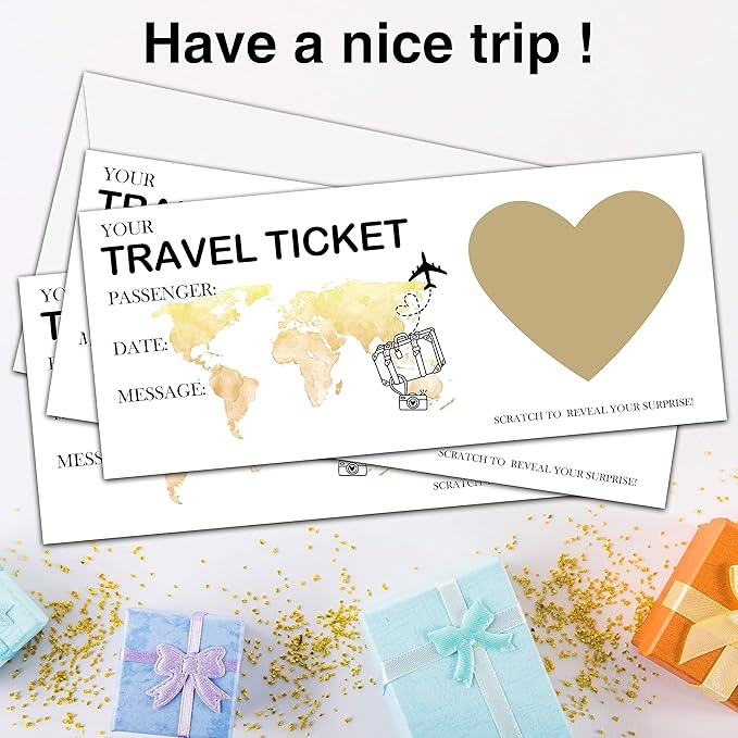 AWSICE Scratch Surprise Travel Ticket, 1 Set Make Your Own DIY Boarding Pass, Surprise Reveal Card for Holiday, Christmas, Wedding, Birthday, Anniversary, Party Supply(3.5"x8" Gold)-C001