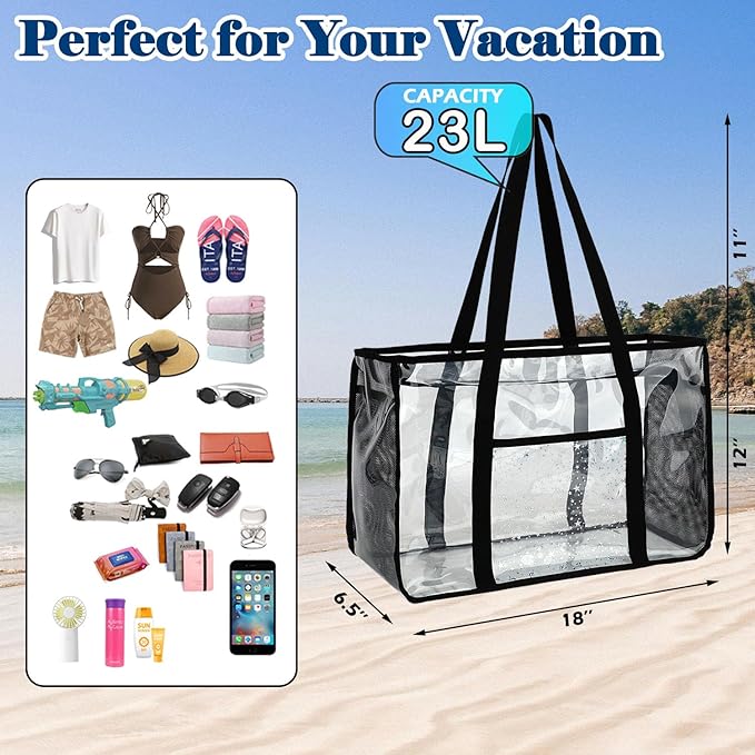 Clear Beach Bag for Women, Large Pool Tote Cruise Vacation Essentials - Zipper Closure, Waterproof, Sandproof