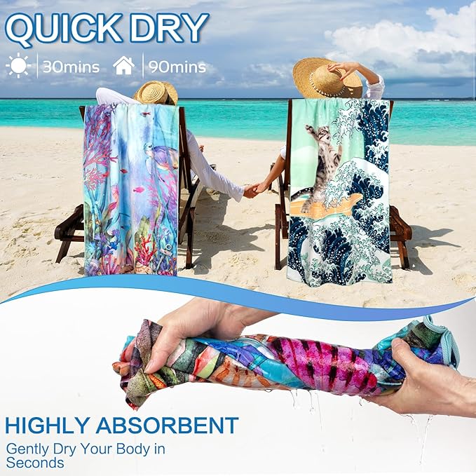 Beach Towel Oversized 2 Pack Extra Large Beach Towels 72"x32" Quick Dry Absorbent Sand Free Thin Lightweight Beach Towel for Kids Men Women Camping Towel, Gym, Hiking, Pool, Bath, Yoga,Travel Vacation