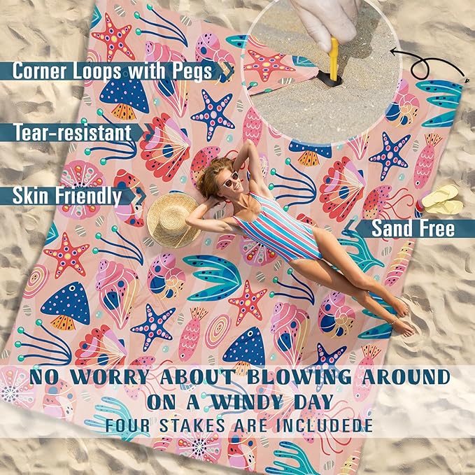 Beach Blanket Sandproof Waterproof 78''×81''1-5 Adults Oversized,Compact Lightweight Durable Beach Mat for Travel Camping Hiking Picnic Blanket