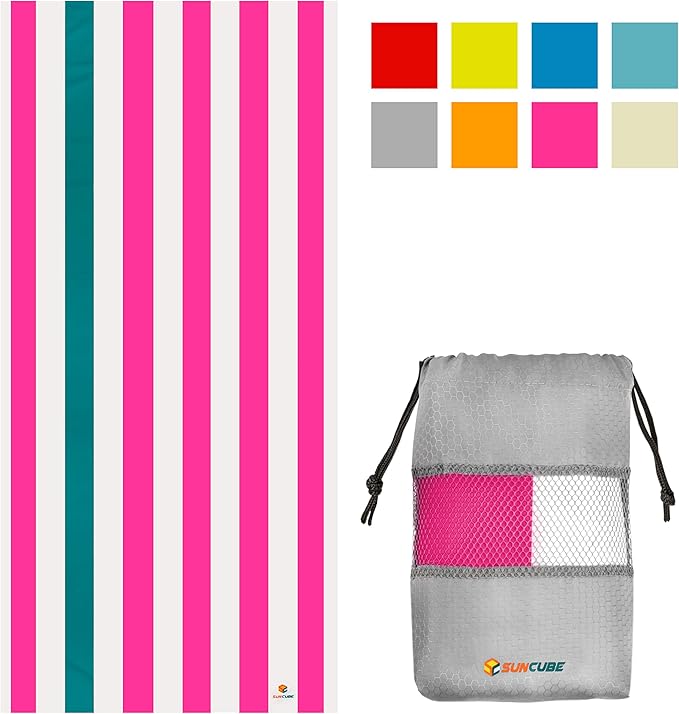 SUN CUBE Microfiber Beach Towel, Quick Dry Sand Free Beach Towel, Lightweight Compact Travel Swim Towel for Pool, Camping, Sand Resistant Packable Adult Towel - Pink 78x35 Inches