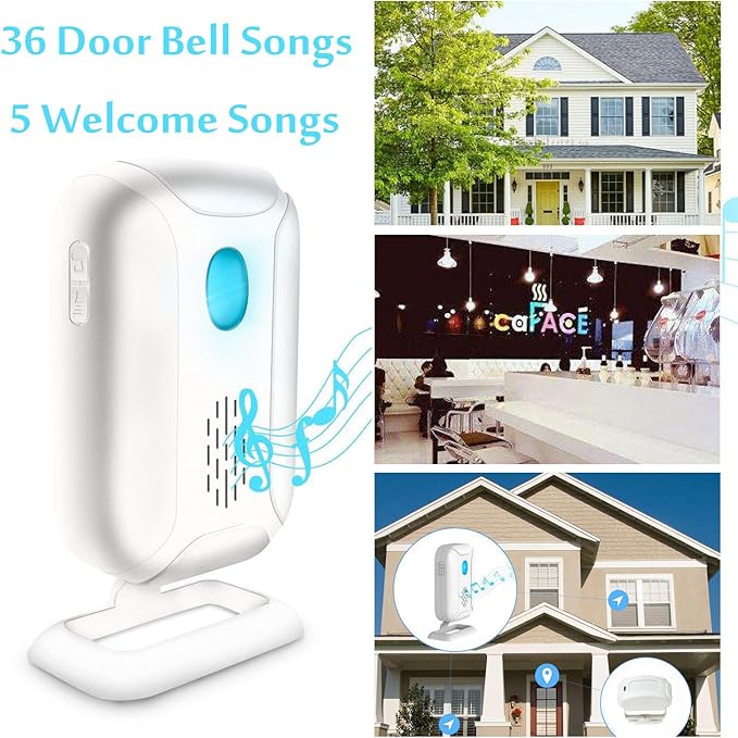 GREENCYCLE Wireless Door Open Welcome Chime Security Driveway Alarm Receiver & Detector (Operating Range 918ft, 36 Songs, 4 Volume Levels, 5 Modes) - 1 Receiver 1 Magnetic Sensor 1 Motion Sensor