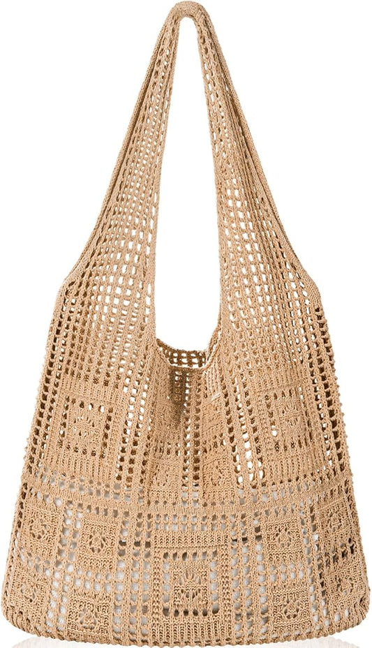 WantGor Crochet Bags, Beach Mesh Tote Bag Womens Shoulder Shopping Handbag Casual Travel Totes Bag Foldable Hobo Bags