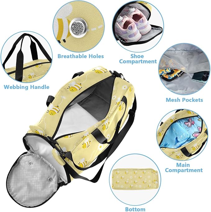 Bumble Bees Yellow Cute Gym Duffel Bag with Shoes Compartment Large Capacity Gymnastics Sports Bag for Travel, Swimming, Dance, Ballet bolsa de viaje para mujer