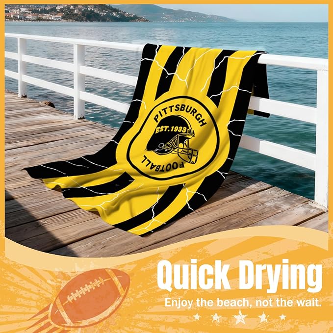 Football Fan Thin Lightweight Microfiber Beach Towel Pittsburgh Themed Men Women Stuff Steelers Oversized Team Boyfriend Father Friend Birthday Anniversary Gag Funny Personalized Unique Gift