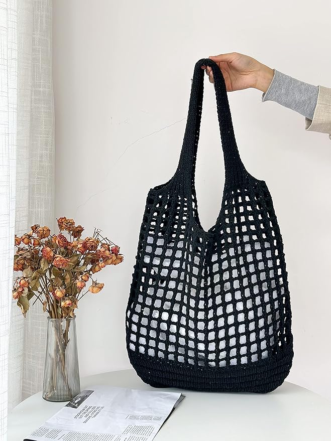 ENBEI Women Foldable Beach Tote, Washable Lightweight Beach Bag, Eco-Friendly Knit Shoulder Purse for Travel/Shopping/Gifts