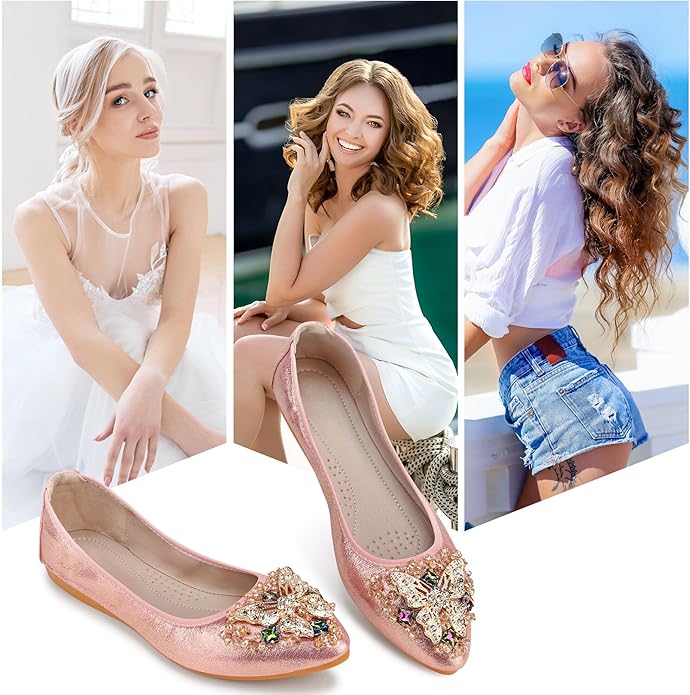 KUNWFNIX Women Ballet Flats Rhinestone Wedding Ballerina Shoes Foldable Sparkly Comfort Slip on Flat Shoes