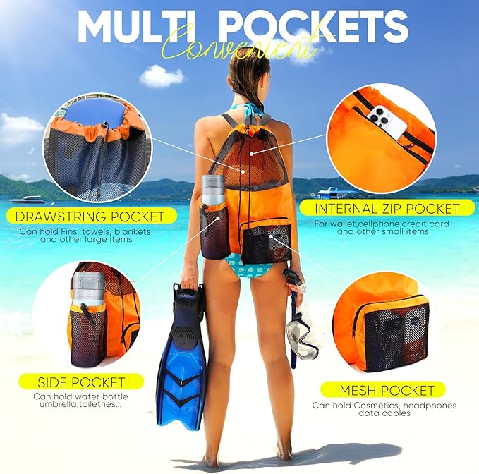Swim Mesh Beach Bag, Waterproof Gym Bags for Women and Men, Large Pool Bag Swimming Gear Drawstring Backpack