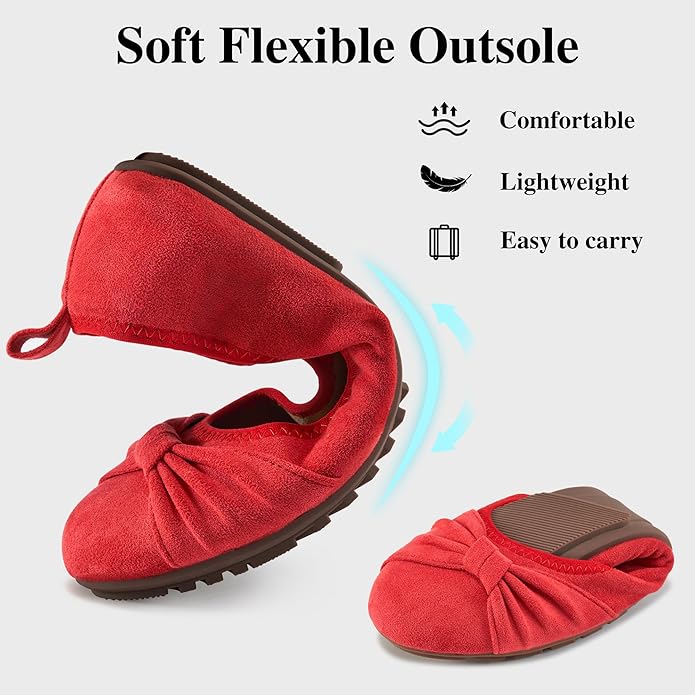 Ecetana Womens Flats Shoes Dressy: Round Toe Bowknot Suede Foldable Ballet Flats Comfortable Casual Slip On Loafers