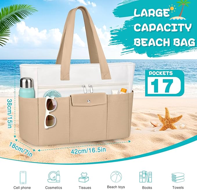 Beach Bags for Women Large Canvas Beach Tote with Zipper Wet Pocket, Waterproof Foldable Swim Pool Travel Tote Bags