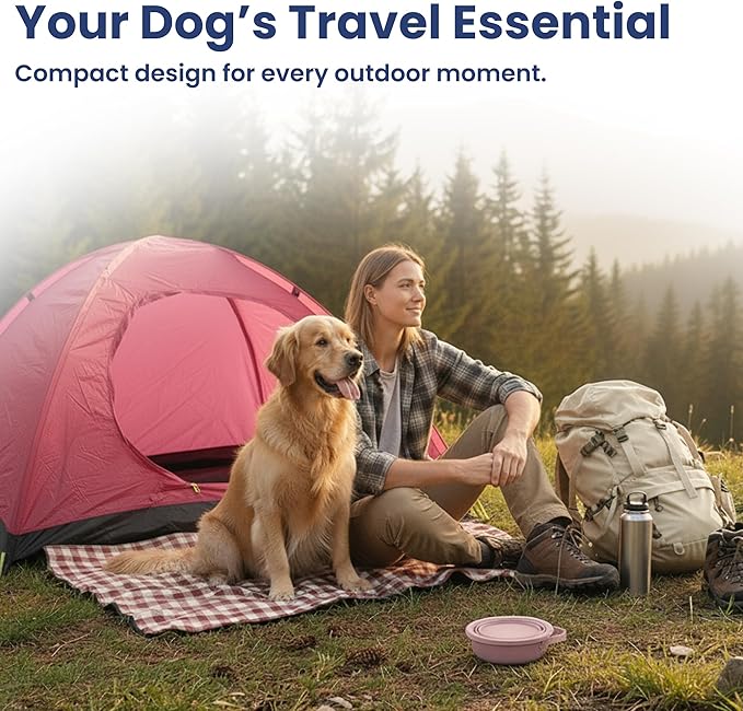 PawsPik 2-in-1 Travel Dog & Cat Bowl – Collapsible BPA-Free Silicone & 18/8 Stainless Steel, Portable & Non-Slip with Handle, Easy to Clean, Food & Water Bowl for On-The-Go Pets (Cherry Blossom Pink)