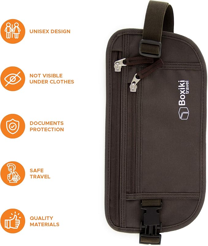 Money Belt for Travel with RFID Blocking Technology - Hidden Travel Money Pouch for Cash, Credit Cards, Passport, and Travel Valuables - Secure Water Resistant Money Belt for Men and Women (Brown)