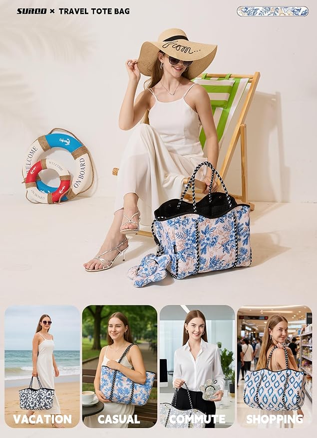 Neoprene Tote Bag for Women, Large Travel Beach Bag with Detachable Pouch, Stylish Lightweight Everyday Carryall