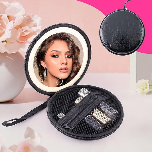 LED Makeup Mirror with Pouch, Portable Lighted Mirror, USB Rechargeable Travel Mirror, 3 Color Modes, Folding Vanity Mirror for Women