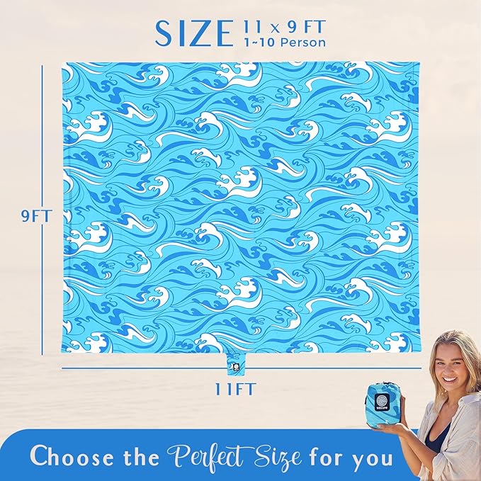 WEKAPO Beach Blanket Waterproof Sandproof Oversized Extra Large Sand Free Beach Mat with Stakes, Storage Bag - Essentials for Outdoor Beach, Picnic (Blue Ocean Waves, 11 X 9 FT (1~10 Person))