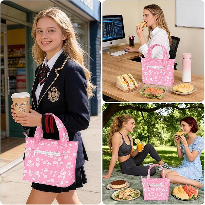 Tote Lunch Bag Women Stylish Quilted Lunch Boxes for Adult Fit and Fresh Cooler Insulated Lunchbox for Work Large 10 Liters Cute Compact Lunchbag Waterproof Pink Floral