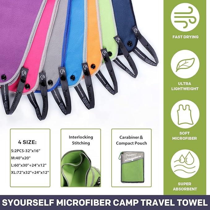 SYOURSELF Microfiber Camping Towel, Quick Dry Towel, Soft Absorbent Compact Travel Gym Workout Sweat Towel for Beach Yoga Swim Travel Camping Hiking Backpack Essentials (M:40"x20")