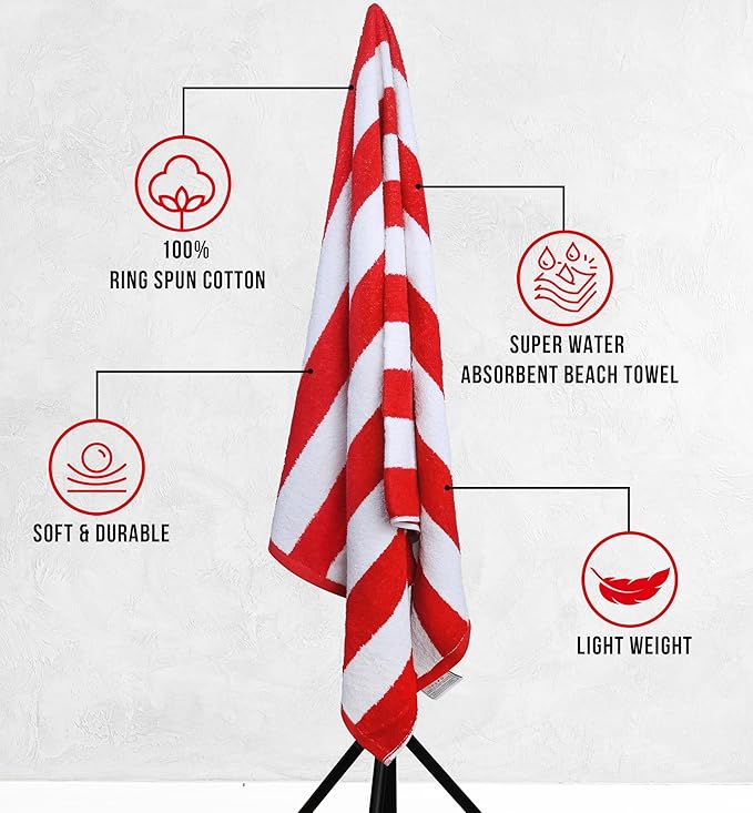 Utopia Towels 4 Pack Cabana Stripe Beach Towel, 30 by 60 Inches, Oversized 100% Ring Spun Cotton Pool Towels, Highly Absorbent Quick Dry Bath Towels for Beach, and Swim, Red
