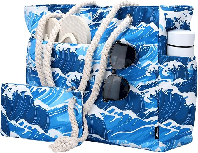 Kasqo Beach Bags for Women, Large Waterproof Beach Bag Tote Zipper Swim Pool Bag with Small Pouch for Grocery Travel Vacation