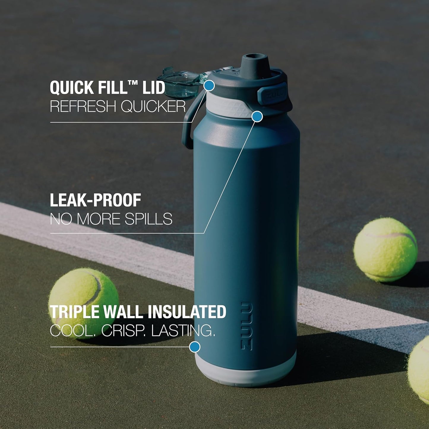 ZULU Powerfill Pro 24oz Stainless Steel Water Bottle with Quick Fill Lid, Triple Walled Vacuum Insulated Metal, Leak Proof Locking Lid, Sip and Chug, Reusable BPA Free, High Tide