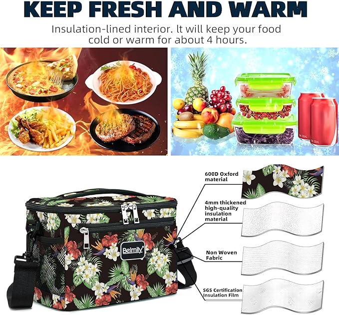 BEIMILY Lunch Box for Men/Women,Lunch Bag,Small Insulated Lunch Soft Cooler Bag Tote,Small Lunch bag for work,Adult Lunch Box,Reusable Leakproof Lunch Bag with Adjustable Shoulder Strap(floral red)