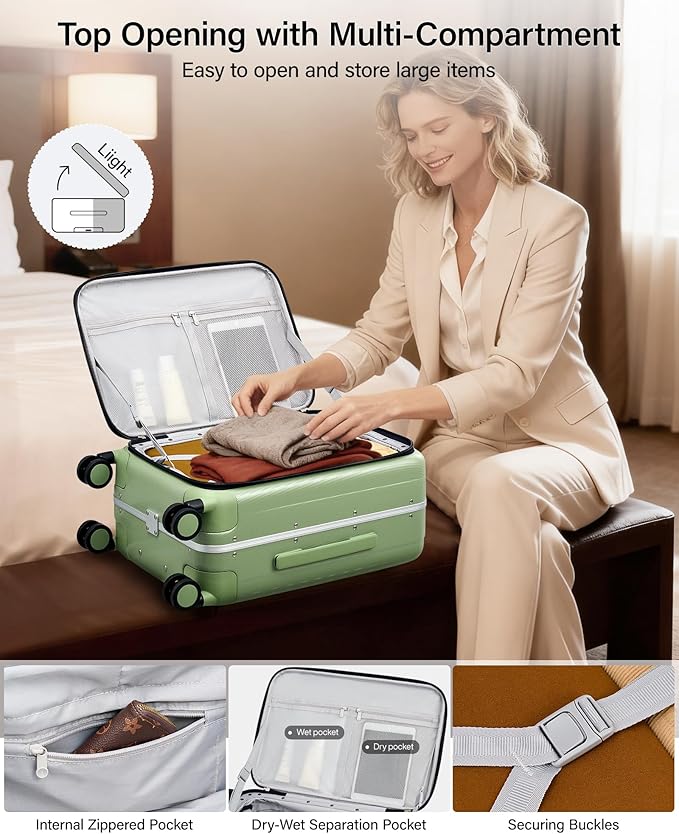 Hanke 20 Inch Carry-On Luggage with Wheels PC Hard Shell Suitcases Top Opening Aluminum Frame Travel Luggage Suitcases for Woman Men.(Bamboo Green)