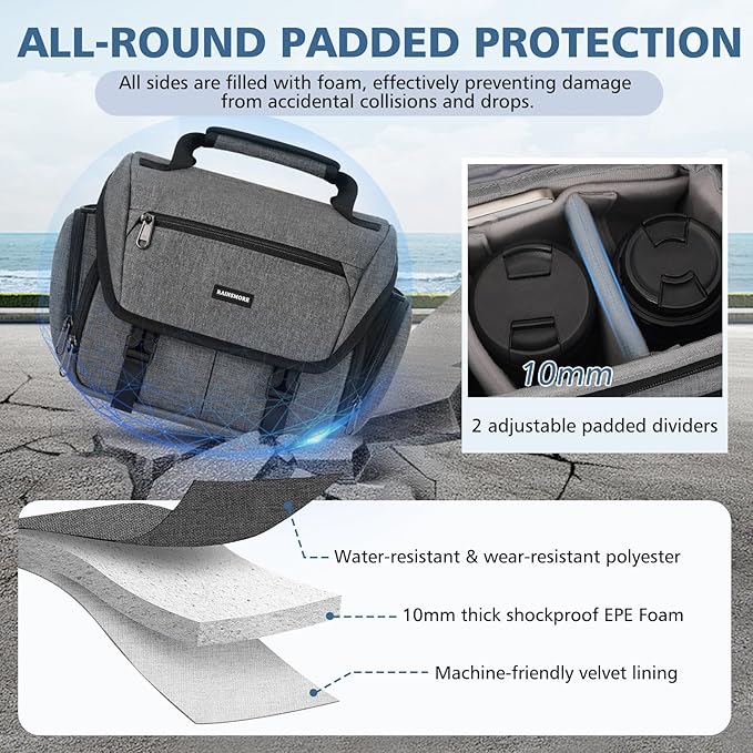 RAINSMORE Camera Bag, DSLR/SLR/Mirrorless Camera Sling Bag for Photographers Waterproof Small Camera Case with Tripod Holder & Rain Cover Camera Crossbody Bag for Canon/Nikon/Sony/Fuji, Grey