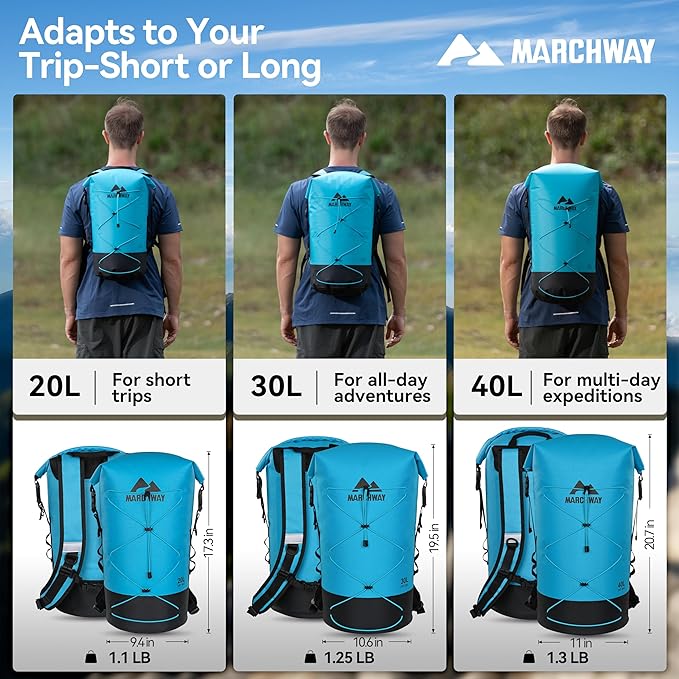 MARCHWAY Floating Roll Top Dry Bag, Flexible Lightweight TPU Waterproof Backpack 20L/30L/40L with Padded Straps for Boating, Kayaking, Swimming, Hiking, Beach (Blue, 30L)