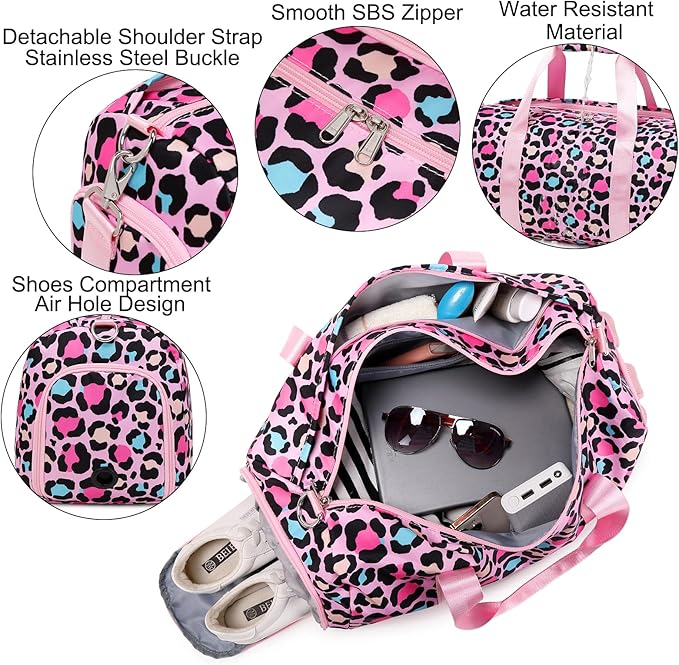 Duffle Bag Girls Kids Cute Waterproof Ballet Dance Sports Gym Weekender Overnight Travel Bags with Shoes Compartment (Pink)