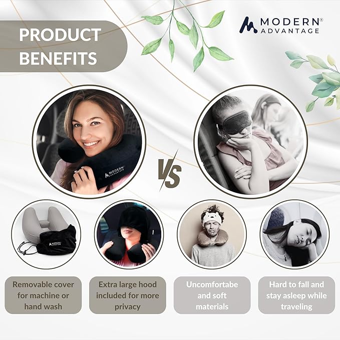 Modern Advantage Inflatable Travel Pillow for Airplanes with Comfort Hood, Adjustable Neck Support, Lightweight & Compact Flight Pillow for Sleeping on Long Flights & Travel (Black)