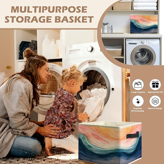 Abstract Mental Health Storage Bin Box with Handles, Watercolor Inhale Exhale Anxiety Relief Foldable Linen Fabric Laundry Basket for Home Therapy Office Clothes Toys Books