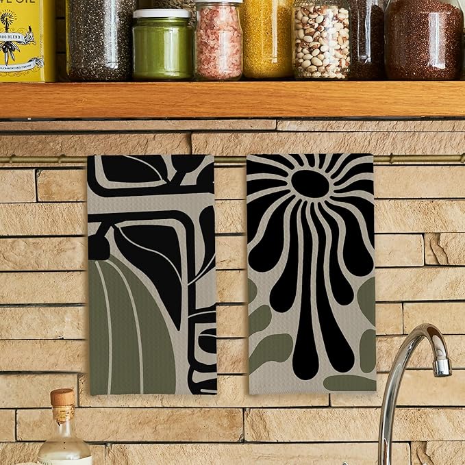 Sage Green Groovy 70s Retro Kitchen Towels Set of 2 - Boho Floral Dish Towels for Kitchen, Boho Hand Towels for Bathroom, Boho Sage Green Bathroom Kitchen Decor, 16x24 Inches