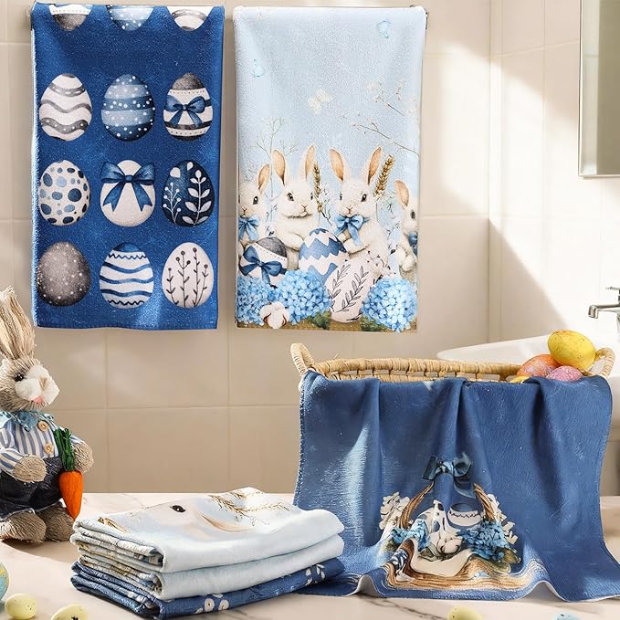 Breling Set of 6 Easter Decorations Easter Kitchen Towels Blue Rabbits Bunny Dish Towel Bathroom Decorative Spring Farmhouse Wild Flowers Hand Cloths for Home Decorations, 14 x 21 Inch