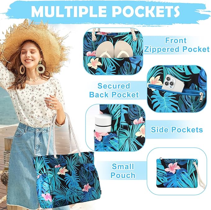 Kasqo Beach Bags for Women, Large Waterproof Beach Bag Tote Zipper Swim Pool Bag with Small Pouch for Grocery Travel Vacation