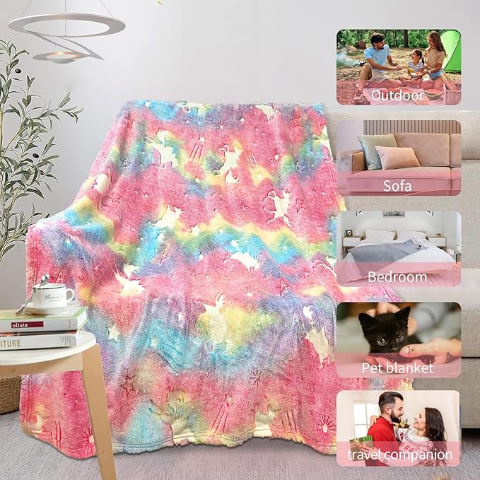 Unicorn Blanket for Girls, Glow in The Dark Blankets for Kids, Personalized Blankets for Baby/Toddler, Unicorns Gifts for Girls Age 1-12, Soft Fleece Blanket 50"x 60"