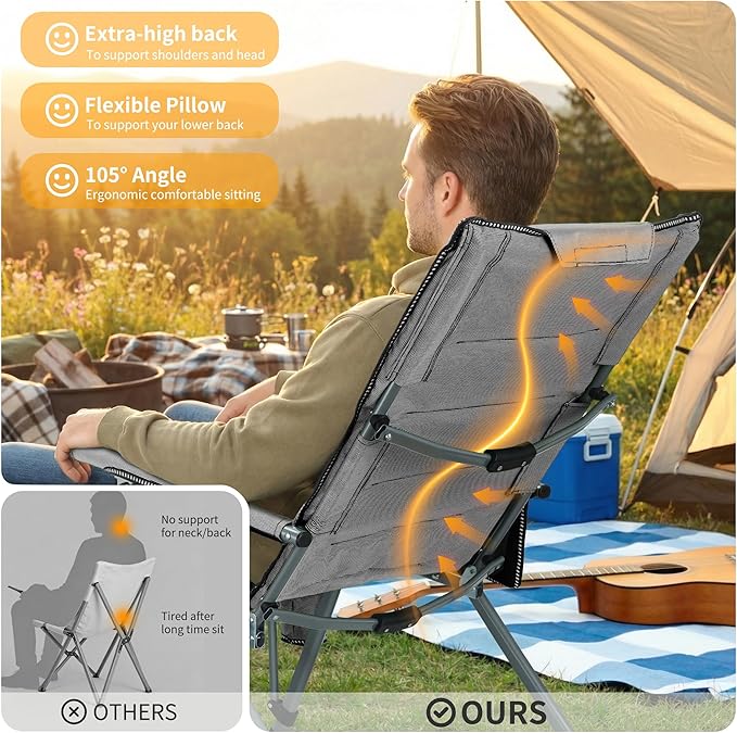 Folding Camping Chair with Cup Holder and Storage Bag, Heavy Duty Support 400 LBS, Oversized Collapsible Portable Adjustable Back Support Camping Chair for Outdoor (Adjustable-Grey)
