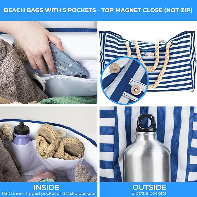 SHYLERO Beach Bag and Pool Bag Has Airtight Pouch, Magnetic Snap Closure. Beach Tote is Water Resistant. Family Size