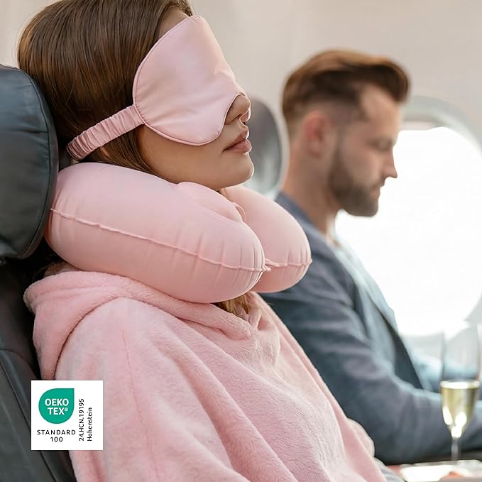 Bedsure Travel Blanket and Pillow Set with Inflatable Neck Pillows, Eye Mask and Storage Bag, Lightweight 3-in-1 Airplane Packable Blanket, Compact Travel Essentials, Pink