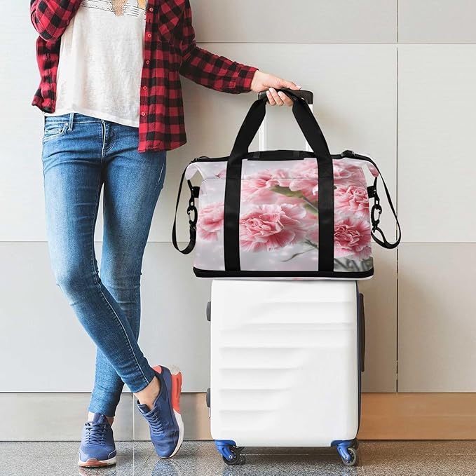 Travel Duffel Bags for Women Watercolor Pink Carnations with Butterflies Sports Duffel Bags Gym Bags with Shoes Compartment Tote Bag Weekender Bag for Travelling
