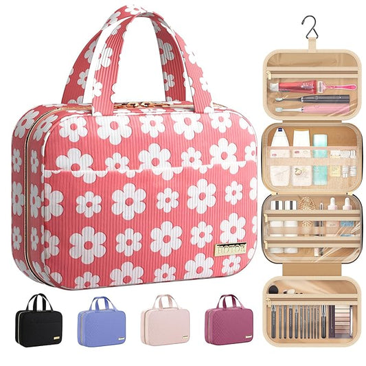 HOTOR Travel Toiletry Bag - Hanging Toiletry Bag for Women & Men, Makeup Bag/Big Comparment, Waterproof for Travel Accessories, Travel Essentials, Medium, Pink with White Daisy