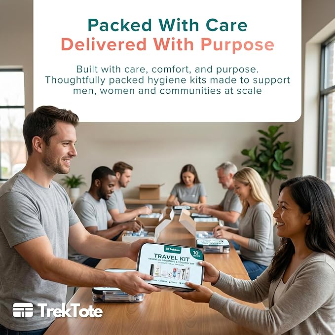 Trektote 10 Piece Travel Hygiene Kit with Toiletries & Dental Essentials, TSA-Compliant, Clear Cosmetic Bag, Single or Bulk Packs