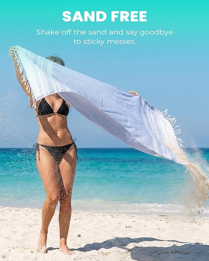 Turkish Beach Towels Vacation Essentials Quick Dry Sand Free Soft Absorbent Adult Oversized Bath Pool Swim Long Wide Stripe Towel Sound Cloud Linen Mat Summer Thing Lightweight Thin Blue