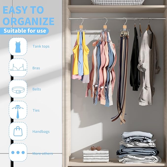 Tank Top Hanger,Rotatable Bra Hanger,Max 18 Storage Capacity Sports Bra Hangers,Space Saving Hangers for Dorm,Closet Organizers and Storage,Closet Organizer for Belt,Scarf, Purse,Wood