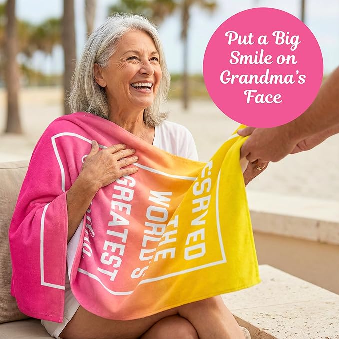 Grandma Beach Towel – Best Grandma Ever Gift, 60”x30” Beach & Pool Towel for Summer, Vacation, Travel, Birthday, Mother’s Day or New Grandma Present from Granddaughter or Grandson