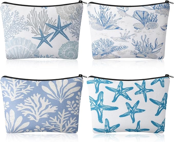 4 Pack Coastal Cosmetic Bags Beach Themed Gifts Starfish Seashell Conch Coral Makeup Pouches Zippered Travel Toiletry Bags for Women Beach Summer Trip Organizer Set(Fresh)