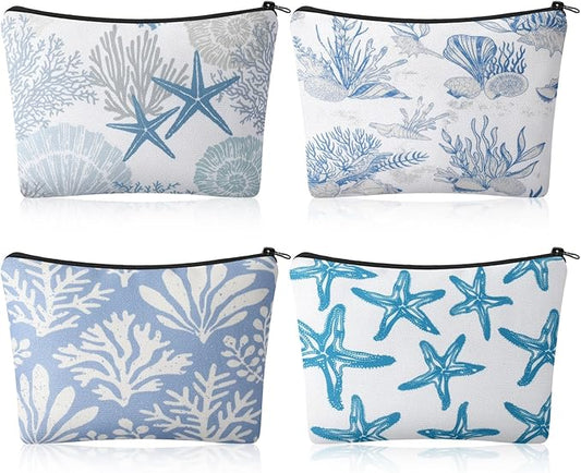 4 Pack Coastal Cosmetic Bags Beach Themed Gifts Starfish Seashell Conch Coral Makeup Pouches Zippered Travel Toiletry Bags for Women Beach Summer Trip Organizer Set(Fresh)