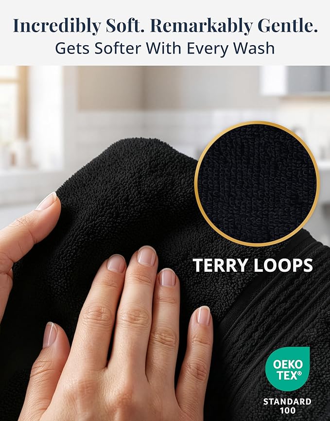 Black Hand Towels for Bathroom - 4 Pack (16"x28"), 100% Ringspun Cotton Hand & Face Towel - Soft, Prevent Fraying, Fade and Shrink Resistant - Daily Use Gym Towels for Men & Family Bathroom Hand Towel