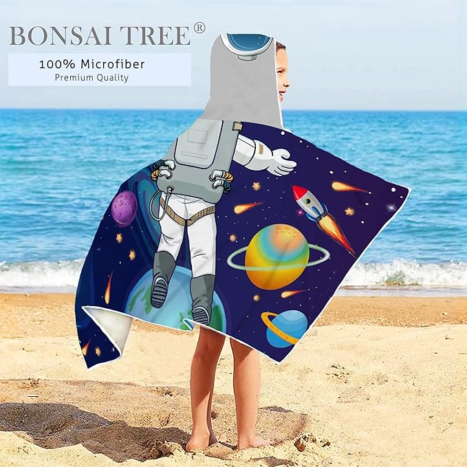 Outer Space Theme Kids Hooded Towel - 30"x50", Cool Microfiber Soft Bath Towel Poncho for Boys & Girls Swim Pool