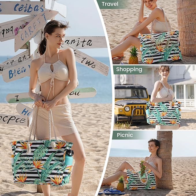 Clothirily Beach Bag for Women - Large Beach Tote Bag, Waterproof Sandproof Beach Bag with Zipper, Large Swim Pool Beach Tote