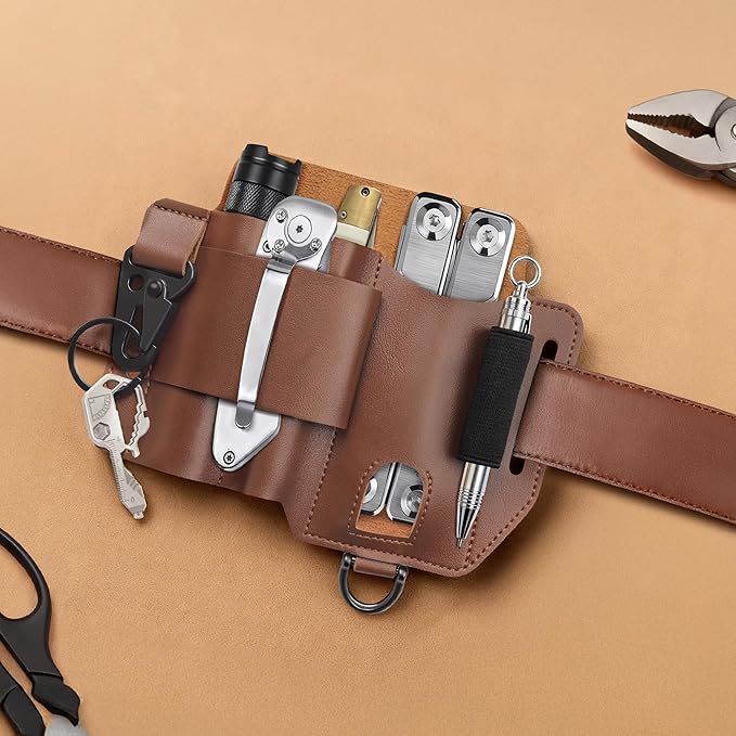 Genuine Leather EDC 5-Pocket Organizer Multitool Sheath for Leatherman Tool Pouch with Belt Clip,Small,Brown